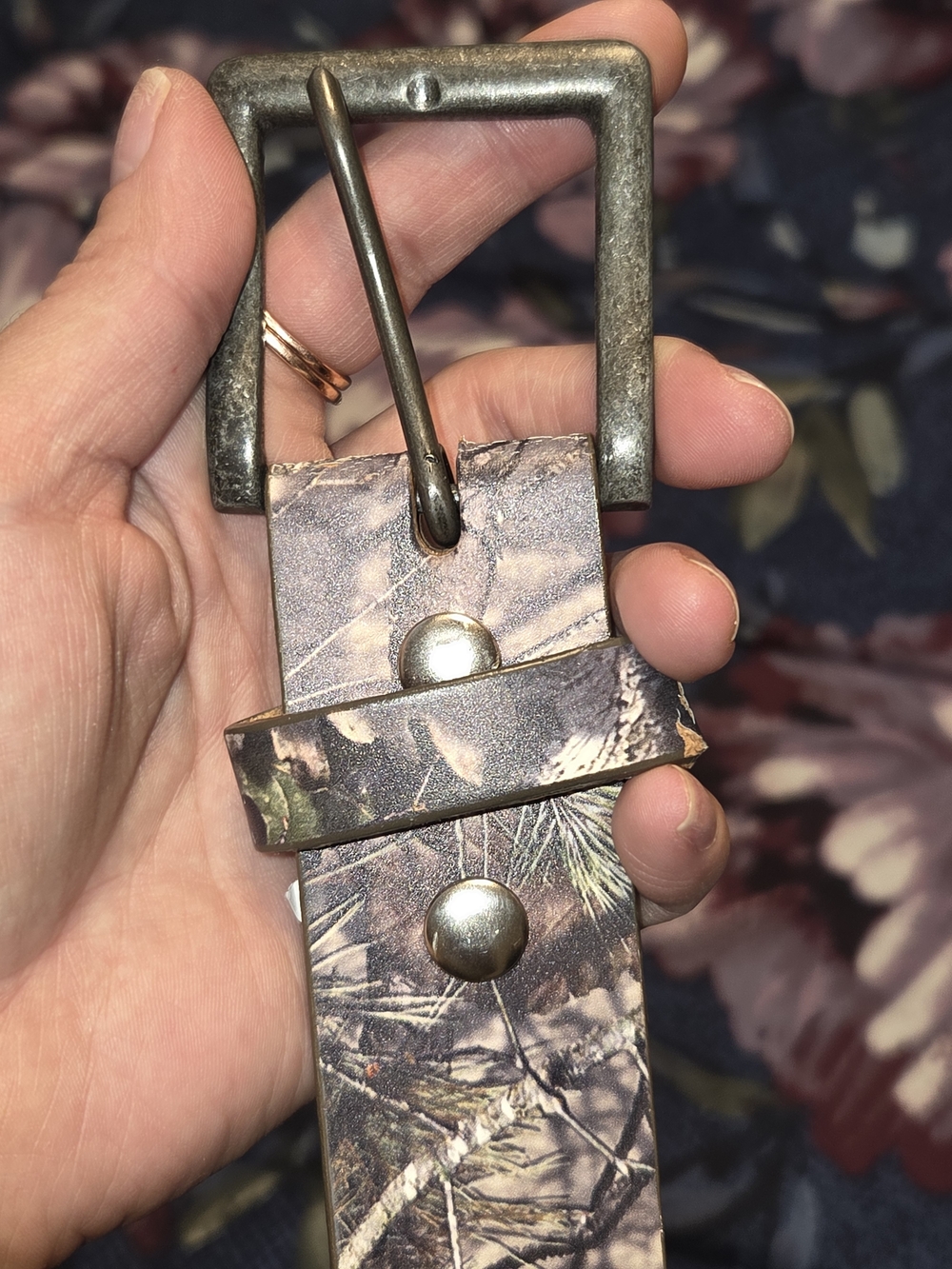 Camouflage Leather Belt with Metal Buckle - Brown/Green